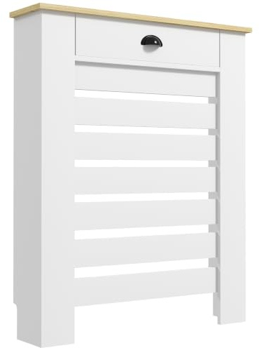 HOMCOM Radiator Cover with Drawer, MDF, White, Small H:95.5/W:78/D:19 cm | Horizontal Slatted Grill, Painted Wood Cabinet Shelf, Heating Cover, Living Room Bedroom Hallway