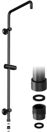 JOHO Edelstahl Duschstange, Steigrohr, Duschsystem Zubehör, Wandstange für Regendusche, Duschsäule 91cm mit höhenverstellbarem Handbrausehalter und Gewindeadapter, Schwarz