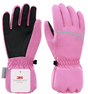 KUTOOK Ski Gloves Kids Winter Waterproof Girls Snow Gloves Cold Weather Thermal Glove for Skiing Snowboarding Outdoor Pink 10-12 Years