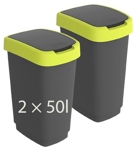 Rotho Twist Mülleimer Küche 2er-Set 2 x 50 L mit Deckel Anthrazit/Gelb | Biomülleimer Küche und Papierkorb im Set, Schwing- und Klappdeckel, breiter Rand verdeckt Beutel, PP, Sticker inklusive