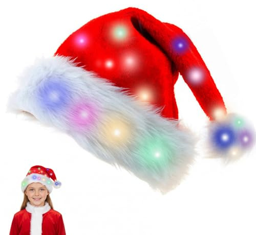 LYPPUL Weihnachtsmütze, LED Lichter Mütze für Kinder, Nikolausmütze mit Leuchtendem, Weihnachtsmann Mütze, Cosplay Zubehör Für Kinder für Weihnachten