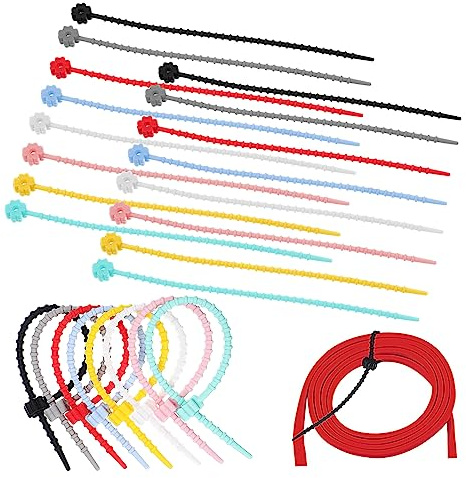 FONDOTIN 24Pcs Colorful Silicone Cable Ties with Flower Design Reusable Elastic Cord Holder Straps for Bundling Headphone Charging Audio Mouse Cables Flexible Wire Organizer for Home and