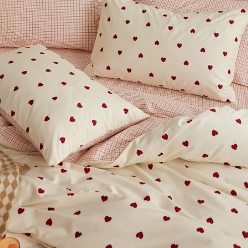 Lanqinglv Bettwäsche 155x220 cm Rot Weiß Herzen Kariert Wendebettwäsche | ÖKO-TEX Zertifiziert,für Allergiker,4 Jahreszeiten Set,Aesthetic Bettbezug 1 Kissenbezüge 80x80 mit Reißverschluss