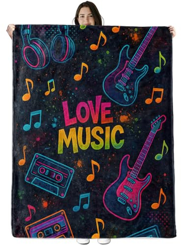 Love Music Blanket Gifts for Boys Girls Kids, Colorful Guitar Headphones Cassette and Notes Warm Soft Flannel Throw Blankets for Travel, Sofa, Room, Bedroom Birthday Christmas Spring Decor, 50x60 in