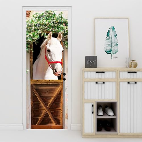 AstraDesign Tür Tapete „Pferd im Stalltor“ 88x200cm – selbstklebende PVC-Folie, Premium Qualität – 3D-Optik Pferd und Holzstall – Wohnzimmer, Flur oder Landhaus-Stil – rückstandslos entfernbar