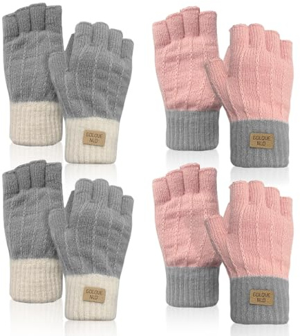 SAIIURV 4 pares Guantes sin dedos para mujer, guantes térmicos de punto de medio dedo para invierno, mecanografía, actividades al aire libre, correr y esquiar