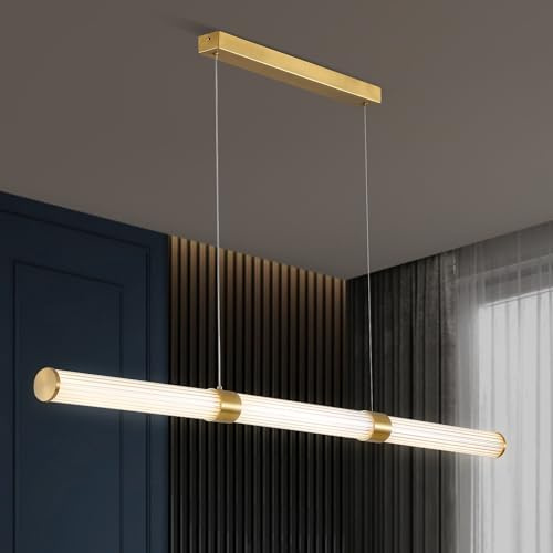 LED Pendelleuchte Esstisch Gold 120CM Moderne Dimmbar 48W Line Kronleuchter | Hängeleuchte mit Fernbedienung HöHenverstellbar Hängelampe FüR Wohnzimmer, Esszimmer,Küche,Deckenbeleuchtung,Tisch,Bar
