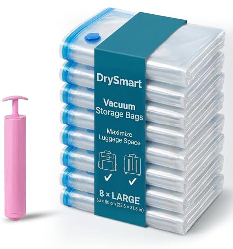 DrySmart 8 Vacuum Storage Bags with Hand Pump, (60 x 80cm) Large Compression Storage Pack with Zip Seal, Space Saver Vacuum Pack Bags for Clothes, Bedding, Blankets, Luggage, Travel & Home