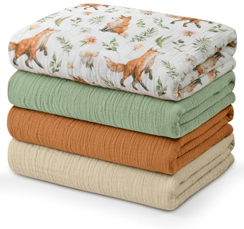 Soarwg Kids Musselin Pucktücher Baby, 4er-Pack, 95x100cm | Wald-Fuchs-Wiese Design. 95x100cm Musselin. Pucktuch, Spucktuch. Waschbar. Oeko-Tex.