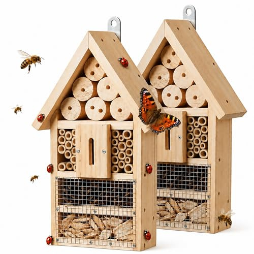 Relaxdays Hotel insetti, kit, set 2 pz, legno, HxLxP: 30,5 x 17,5 x 6 cm, da appendere, casetta per api, naturale