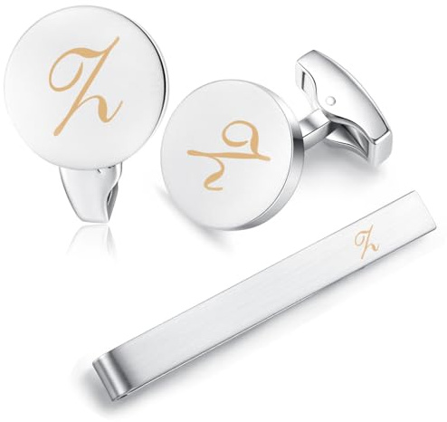 HONEY BEAR manschettenknöpfe & krawattennadel Krawattenklammer Set Initialen Buchstabe Herren Hochzeit Cufflinks Manschettenknopf Silber, 5.4cm (Z)