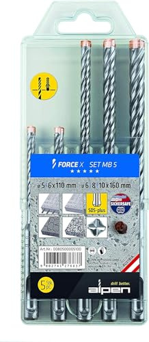 Alpen SDS-plus Hammerbohrerset FORCE X MB 5 mit Kunststoffbox (5-tlg, 4 Schneiden, Ø 5.0 - 10.0mm) 0080500005100