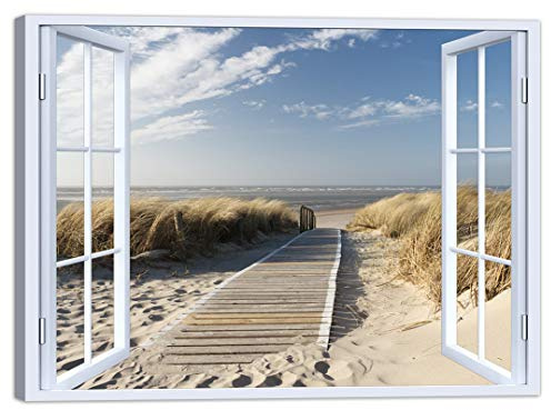 LuxHomeDecor Quadro Finestra Mare Spiaggia 100x75 cm Stampa su Tela con Telaio in Legno Arredamento Arte Arredo Moderno