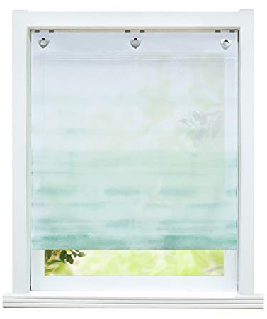 ESLIR Raffrollo ohne Bohren Raffgardine mit Ösen Transparent Gardinen mit U-Haken Ösenrollo Voile Farbverlauf Muster Grün BxH 140x140cm 1 Stück