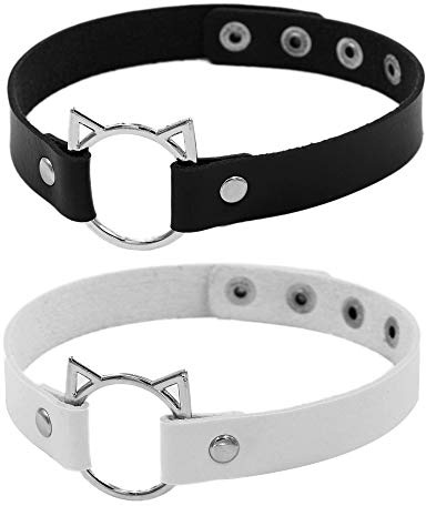 Jurxy 2 Stück Lederhalsband Halskette Eule Form Damen Leder Choker Metall Ring Halsband Gotik Punk Rock Lederband Einstellbar Kragen - Schwarz und Weiß
