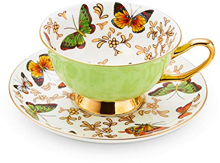 LURRIER Coffee Cup Mug with Saucer for Latte, Cappuccino Tea with Butterflies 6.8 Oz Fine Bone China, Dishwasher Safe, Reactive Glaze, 1 Pcs (Green)
