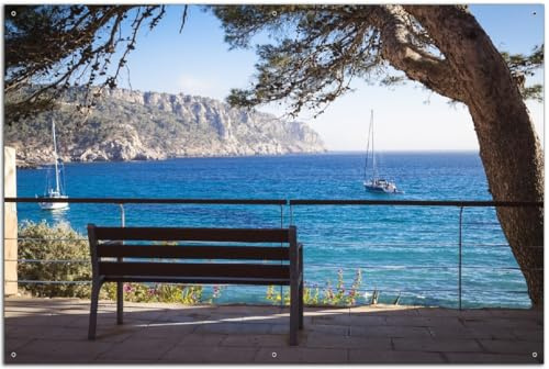 Wallario Outdoor-Poster für Garten oder Balkon Einsame Bank am Meer - Spanien im Sommer, Motivbanner Größe: ca. 60 x 90 cm, Outdoor-Bild