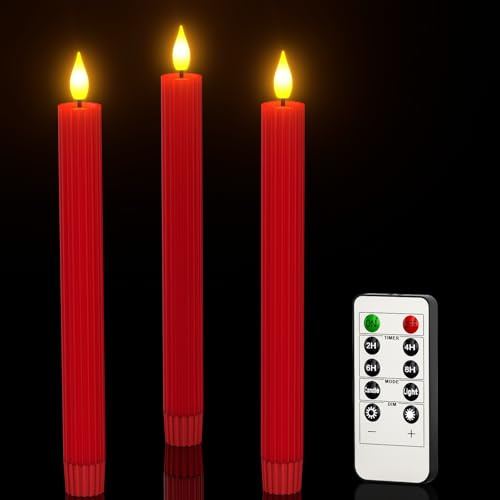PChero Lot de 3 bougies coniques à LED rouges avec minuterie à distance, en cire véritable, sans flamme, fonctionne avec des piles, sans goutte, pour décorations de fête de Noël, d'Halloween