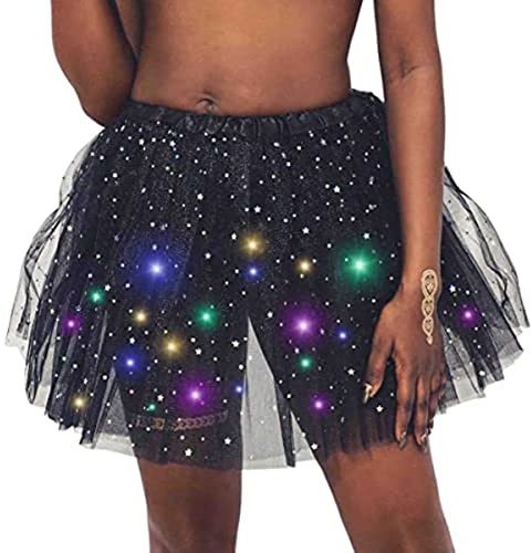 Ruiuzioong Damen Tüllrock Klassisch Tutu Faltenrock Sterne Pailletten Prinzessin Rock Mit LED Kleine Birne,für Dress Up Party Ballett Tanzen (Schwarz)