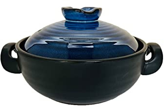 Lake Tian Ceramic/Clay Cooking Pot, Japanese Donabe, Chinese Ceramic/Casserole/Earthen Pot Cookware Stew Pot Stockpot with Lid Small Steam, Blue, 2.6QT