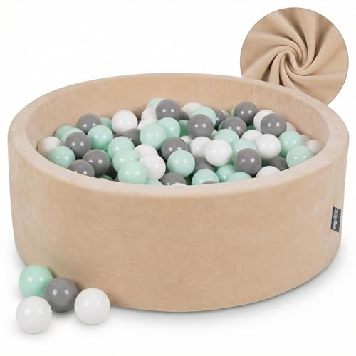 KiddyMoon Rund sammet babybollspool 90 x 30 cm/300 bollar 7 cm bollgropar leksak barn, sandbeige: vit/grå/mynta
