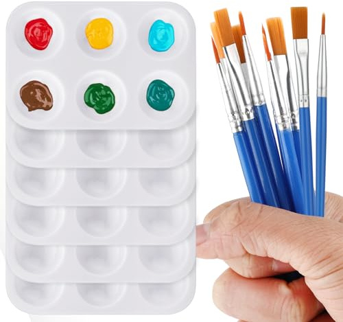 6 Pcs Paint Palette & 8 Pcs Paint Brushes, Plastic Painting Pallets Watercolor Brushes Palette Tray Acrylic Painting Brush for Art and DIY Craft Class, 6 Wells