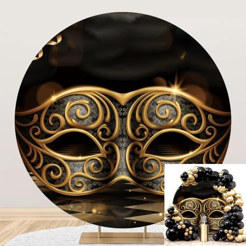 TTQYFNM 6x6ft Mardi Gras Round Backdrop Cover Polyester Retro Gold Black Mask Carnival Masquerade Circle Photography Background for Prom Dress-Up Ball Rave Birthday Party Decors Photo Booth Props