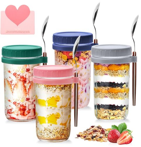 UCAMP Overnight Oats,4 Pezzi 600ML Barattoli di Vetro Riutilizzabili,Vasetti Vetro con Coperchio e Cucchiai,Porta Yogurt Refrigerato,per yogurt,porridge,cornflakes e muesli Insalate Latte Cereali