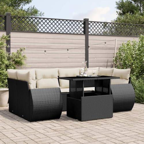 Homgoday Schlafsofa-Set Gartensofa Set mit Kissen 7-teilig Schwarz Polyrattan Loungesofa Gartensofa-Set Modern Outdoor Outdoor Deko