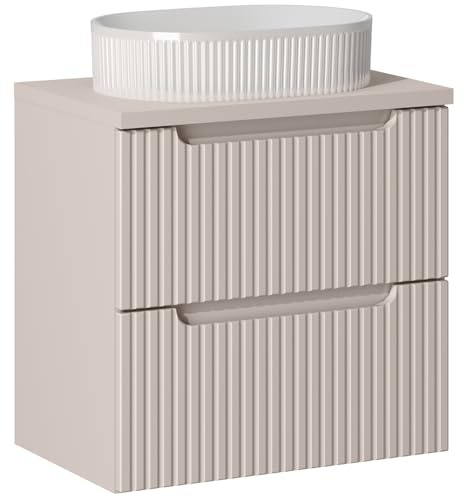 Lomadox Badezimmer Waschtisch 60cm mit Aufsatz-Waschbecken, Kaschmir, gerillte Front