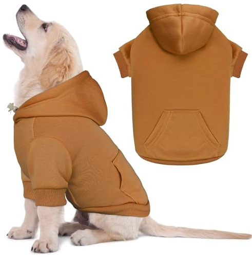 Hundepullover für kleine Hunde, einfarbig, weich, gebürstetes Fleece, Haustier-Kapuzenpullover mit Tasche (Kaffeebraun)