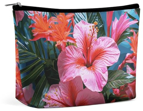 Makeup Pouch Cosmetic Bag Lipstick Pouch Zipper Pouch Pink Flower Tropical Plant Printed Organizer Portable Toiletry Bag Accessories