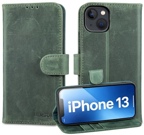 LENSUN Lederhülle für iPhone 13, Echtleder Handyhülle - Retro Grün | Wallet Fach, RFID Schutz, Premium Echtes Leder, Antikleder Hülle, Patina Handytasche