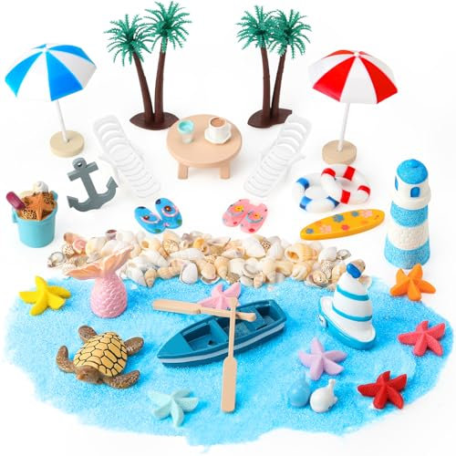 Camptrip 33 Stück Strand-Mikrolandschaft Miniatur Deko Strand Deko Miniliegestuhl Strandkorb Sonnenschirm Kleine Palme Meerestiere Deko für DIY Garten Dekoration Einzigartiges Geschenk