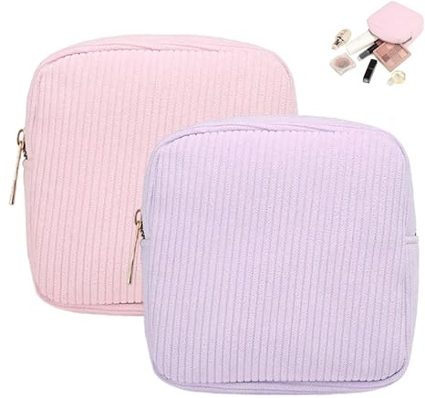 SJDOFU 2 PCS Sanitary Napkin Storage Bag, Corduroy Period Bag, Period Pouch with Zipper Tampon Holder Holder Tampon Bags for Purse First Period Women(Pink and Purple)