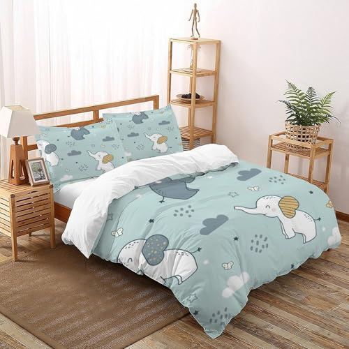 Elefante Gris pequeño Juego De Funda para Edredón 3D Impreso Animales Lindos Conjunto De Ropa De Cama con Cremallera Niños Niñas con 2 Fundas De Almohada King（220x240cm）