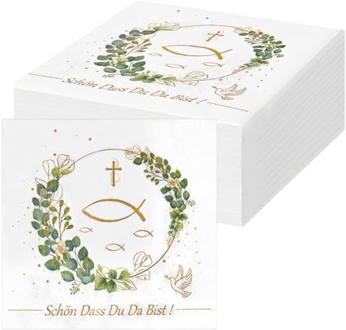 Vortify 40 Stück Servietten Kommunion Junge Mädchen, Weiß Servietten Schön Dass Du Da Bist, Papierservietten Eukalyptus Fisch Tischdekoration für Taufe, Konfirmation und Hochzeit, 32 x 32 cm