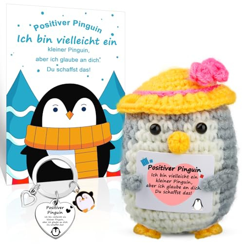 Positive Penguin Geschenk, Pocket Hug Pinguine mit Schlüsselanhänger, Emotional Support Strickwolle Pinguin, Positive Mutmacher Geschenke für Krebspatienten, Glücksbringer für Einschulung (Gelb)