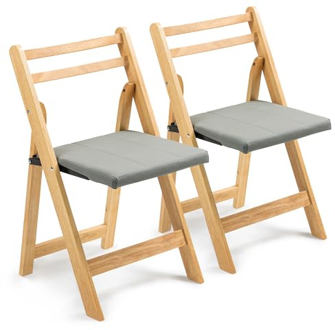 Villeston Holz-Faltstühle mit gepolsterten Kissen, Faltbare Esszimmerstühle mit abriebfestem Kunstleder, tragbar und vormontiert für Gäste, Küche, Büro, Hochzeit und Party, Dunkelgrau