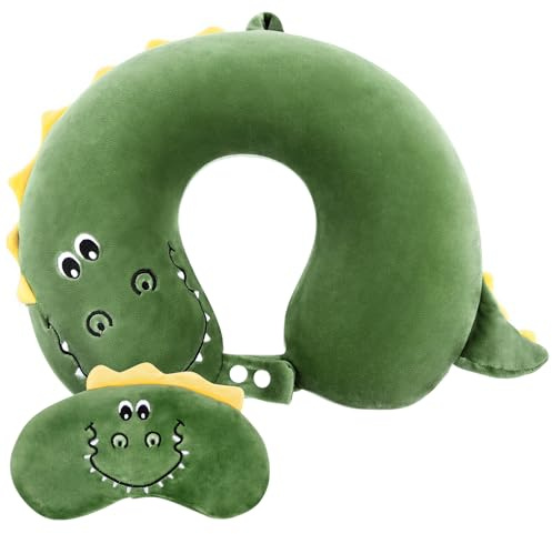 Alaoo Travel Pillow, Removable Memory Foam Kids Travel Pillow with Zips, Convenient & Portable U Shaped Neck Pillows with Cute Eye Mask for Adults Children for Home, Office, Sleeping (Green Dinosaur)