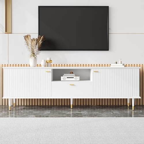 FammyLoft 170cm TV Schrank mit 2 Türen und 1 Schubladen, TV Lowboard mit Lackierte Strukturoberfläche, Fernseher Schrank mit Offenen Fächern für Wohnzimmer, TV-Board, Weiß