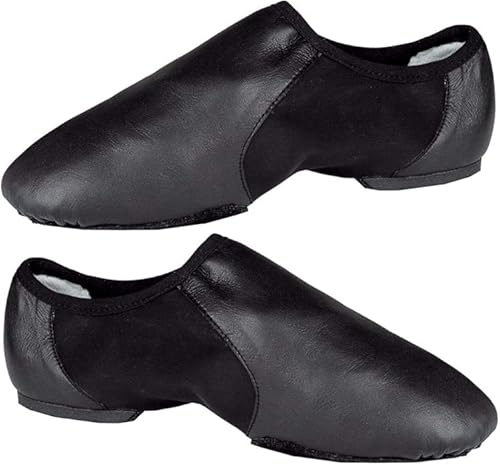 SHADOW DANCE UK - Black Slip-On Jazz Shoes Girls - Leather Ballet Shoes with Strong Elastic - Rubber & Suede Split Sole for Dance and Gymnastics (6 UK)