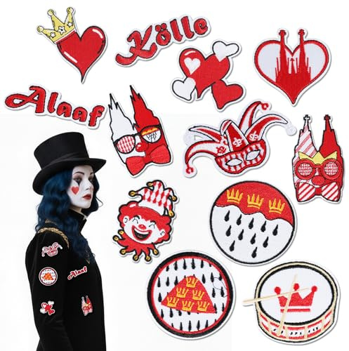 12 Stück Kölner Karneval Rot Weiß Bügelflicken, Köln Bügelbilder Aufbügeln, Köln Accessoires für Karneval Kostüm, Bügelbilder karneval für Kleidung, Hosen, Hüte, Jeans, Nähen, Bastelzubehör