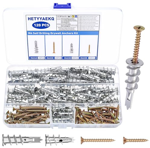 120 Sets Heavy Duty Self Drilling Plasterboard Fixings, Metal Plaster Board Wall Plugs and Screws, Drywall Anchors, Hollow Cavity Wall Fixings for Plasterboard Screws and Wall Plugs Set, Raw Plugss