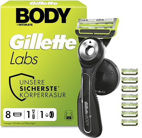 Gillette Labs Body + Intimate Rasoir Intime Homme, 8 Cartouches, Noir – Conçu pour le Rasage du Corps et du Pubis, Lames avec une Barre Anti-Poils Incarnés et Irritation, Manche Facile à Gripper