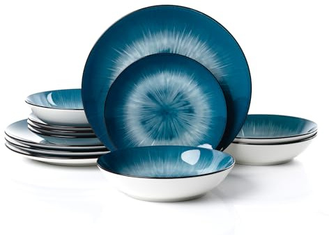 Waterside 12pc 2 Tone Blue Star Porcelain Dinnerware Set | 4 Dinner Plates, 4 Side Plates, 4 Bowls