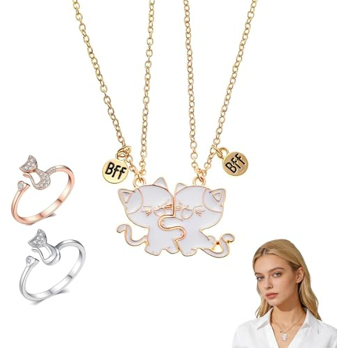 EUYKQNOI 2 pezzi collana con ciondolo gatto abbinato, collane BFF dell'amicizia in acciaio inossidabile, regalo di gioielli per amicizia, Include 2 anelli a forma di gatto