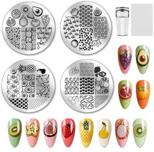 PH PandaHall 4pcs Plaques de Stamping pour Ongles Fruits Modèles de Nail Art Avocat Raisin Fraise Design Mignon Plaque Image Acier Inoxydable avec Outil pour Manucures DIY Salon Femmes
