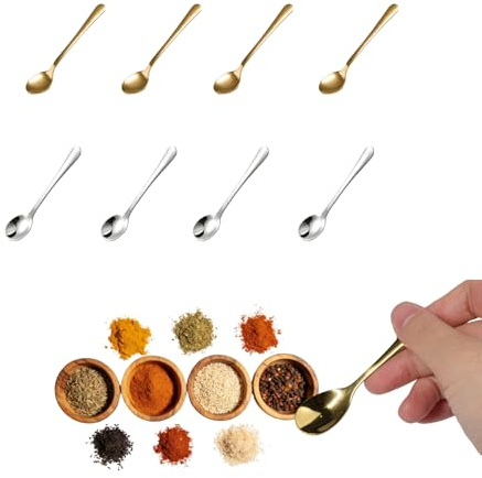 8 Mini Cuchara de Acero Inoxidable 7,5×1,6 cm, Cucharitas de Café y Cucharas de Postre, Mini Cucharillas para Espresso Azúcar Especias, Cucharas Pequeñas para Cocina (Plata y Oro)