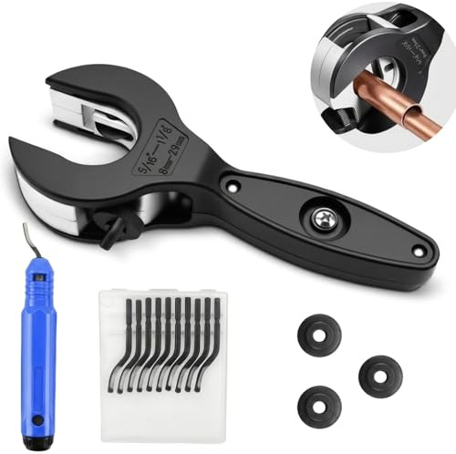 Rohrabschneider Ratsche Set, Ratsche Rohrabschneider Edelstahl Set, 8-29mm für Edelstahl Aluminium Kupferrohr inkl. 3 Ersatz Schneidrad & Entgratwerkzeug, Kupferrohr Schneider für Sanitärinstallation